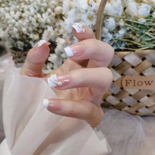24pcs Flower Printed Fake Nails Square Head Glue Type Removable Mid Length Paragraph Fashion Manicure Fully Covered Nail Decor