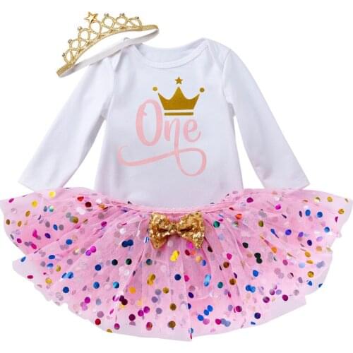 New Pattern Pink tutu skirts Crown Long sleeves Rompers Baby Clothing Set Infant Girl Clothes Cotton Headband 3pcs