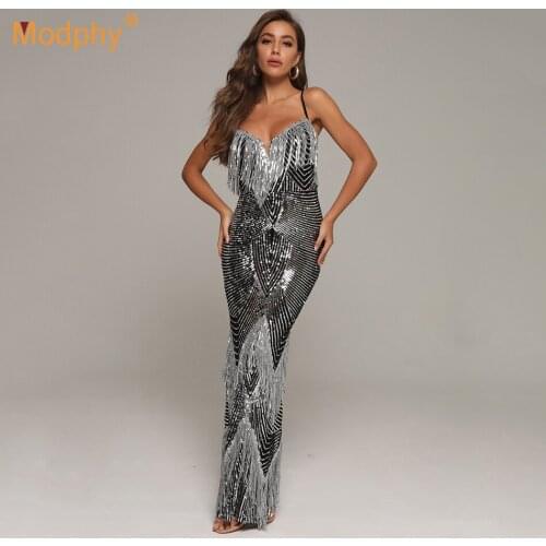 Autumn Sexy V-neck Spaghetti Strap Backless Sequined Tassel Bodycon Long Dress Vestdios Elegant Banquet Runway Dress 2020 New