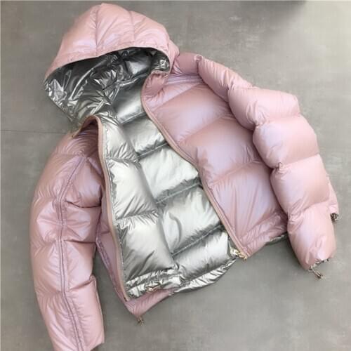 2020 Gold Silver Double Side Down Coat Winter Jacket Women Hooded White Duck Down Parkas Female Warm Snow Down Outerwear Fashion