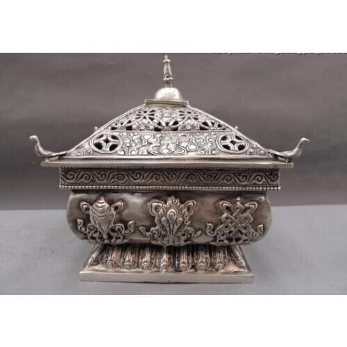 Song voge gem S0252 Tibet Buddhism temple White Copper Silver Eight treasures Censer incense burner