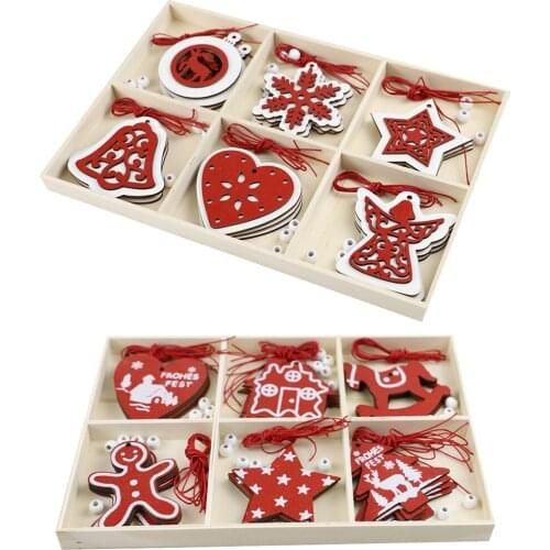 Christmas Tree Hanging Ornament Wooden Cutout Rope Hanging Pendant Home Decor Red with Wood Storage Box for DIY Craft Xmas Decor