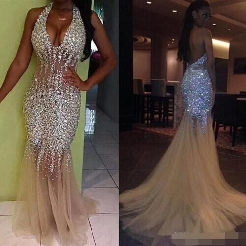 Stunning Bling Bling Crystal Mermaid Prom Dresses 2019 robe de soiree Long African Girls Sexy Backless Evening prom dress Beaded