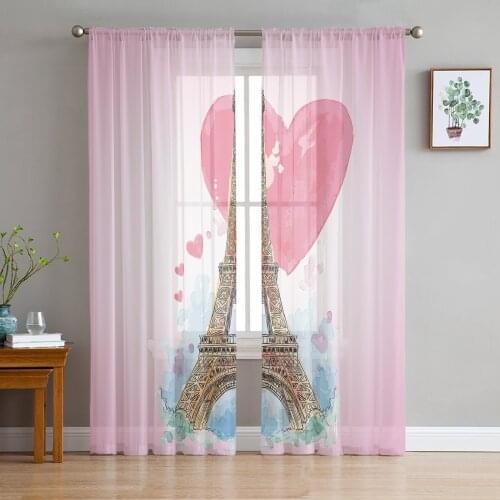 Romantic Eiffel Tower Pink Hearts Sheer Curtains for Living Room Modern Voile Curtain Bedroom Tulle Curtains Window Drapes Decor