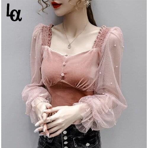 Luck A Korean Square Collar Mesh Stitching Long Sleeve Shirts Women Spring New Ins Fashion Retro Clothes Blouse Casual Tops