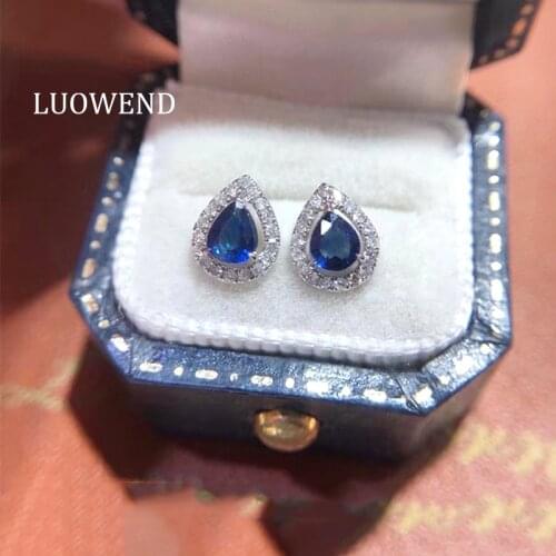 LUOWEND Real 18K Solid White Gold Stud Earrings Sapphire Female Elegant Diamond Earring Engagement Water Drop Jewelry Design