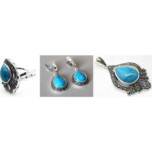 Vintage Blue Stone 925 Sterling Silver Marcasite Ring (#7-10) pendant and earrings sets 08