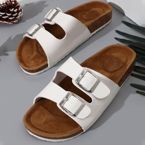 Women 2021 Summer Slippers Double Row buckle Ladies Fashion Flat Sandals Shoe PU Platform Open Toe New Casual Female Footwear