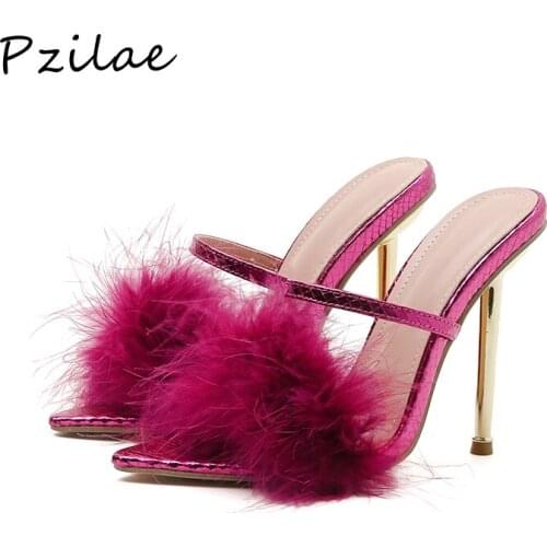 Pzilae Summer New Sexy Pointed Toe Furry Slippers Ladies Sandals Fashion Design Metal Heel Women Mules Shoes High Heels Slides