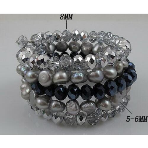 Unique Pearls jewellery Store, Perfect Ladys Gift Jewelry 5rows Gray Blue Color Crystal Beads Gray Freshwater Pearl Bracelet
