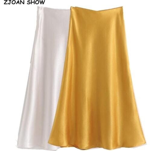 2021 Retro High Waist Bright Satin Skirt Spring Summer Women Elastic Waist Mid Long A-line Skirts Femme Yellow White