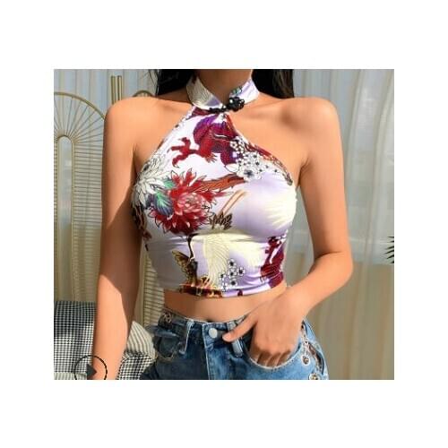 Ladies Chinese Style Tops Dragon Floral Tee Tops Backless Sleveless Slim Sexy Crop Top Summer Halter Streetwear Top
