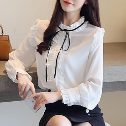 Real Shot 2019 Spring New Chiffon Shirt Long Sleeve Wild Loose Ruffled Bow Tops Women Models