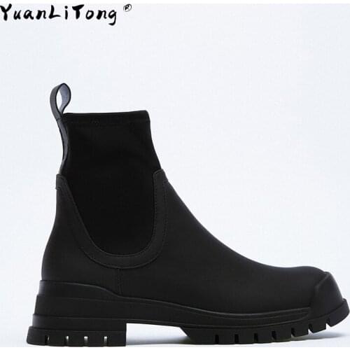 ZAR Womens Boots 2021 New Thick-soled High-soled Elastic Short Boots Flat-bottomed Round Toe Chelsea Female Martin Boots Women