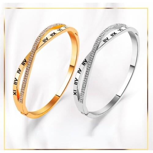 Personality Trendy Bangle Bracelets for Women Roman Numeral with Cubic Zirconia Cross Line Female Rose Gold Bracelet Bangles