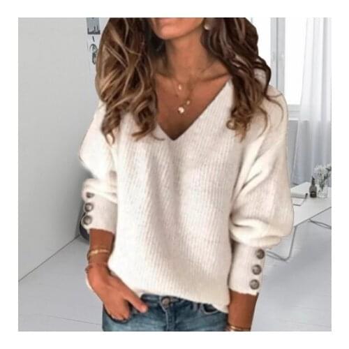 2021 Autumn Women Knitted Sweater Sexy V-Neck Button Plus Size Casual Long Sleeve Pullover Female Solid Sweaters Winter Tops