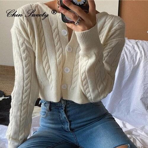 Knitted O-neck Womens Sweater Drop Shoulder Long Sleeve Cardigan For Women 2021 Autumn Winter Fashion Loose Casual Crop Top