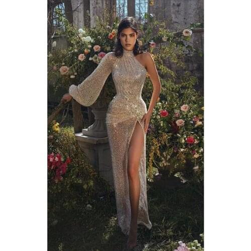 Fashion Sequined Sexy One Shoulder Puff Sleeve High Waist Split Long Party Dress for Women Luxury Wedding Elegant Vestidos LF396