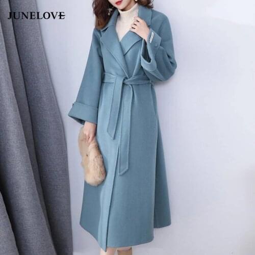 JuneLove 2021 Winter Women Woolen Coats Vintage Office Lady Sashes Turn Down Collar Elegant Coats Female A-line Woolen Outwears