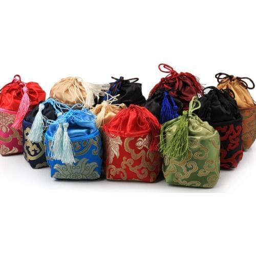 50pcs Chinese Reusable Silk Brocade Tea Bag Drawstring Christmas Gift Pouches Square Bottom Travel Jewelry Storage Case