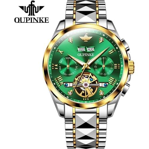 OUPINKE Sapphire Tourbillon Mechanical Watches Men Automatic Wristwatch Waterproof Calendar Tungsten Steel Two Tone Wrist Watch