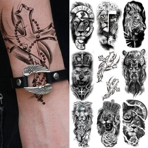 Black Cross Temporary Tattoo For Men Women Adult Fake Lion King Compass Tattoos Sticker Tiger Evil Demon Body Arm Tatoos Paste