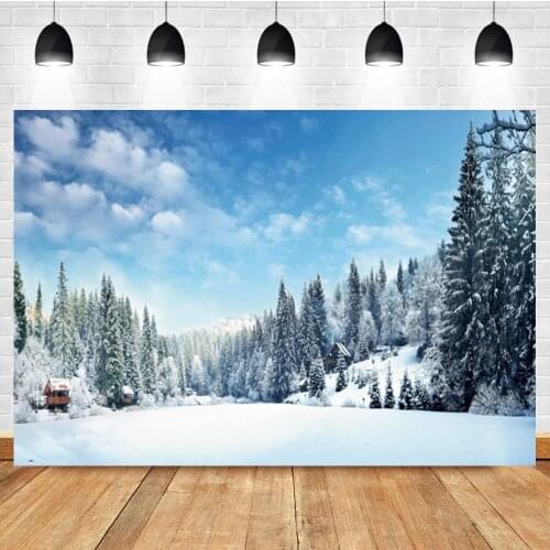 Laeacco Winter Landscape Backdrops Blue Sky White Clouds Pine Trees Snow Photography Backgrounds Christmas Portrait Photophone