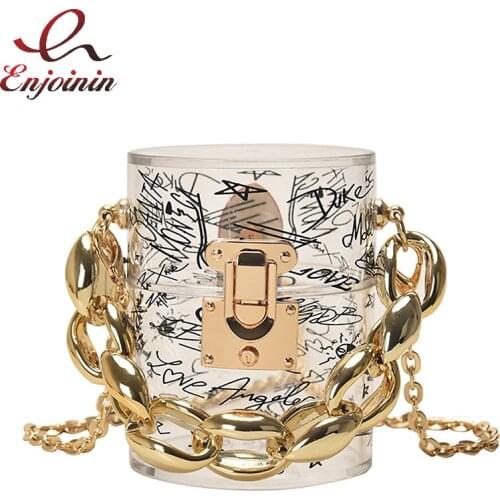 Fashion Graffiti Acrylic Mini Party Ladys Handbag Cylindrical Gold Chain Shoulder Bag Women Purses Wedding Clutch Bag Crossbody