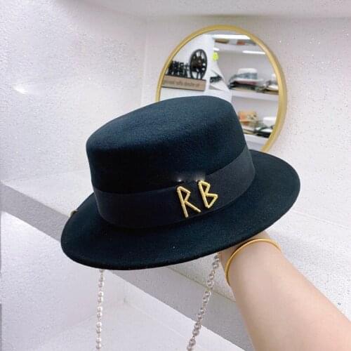 Fashion Winter Wool Felt Top Hat For Women Black White Wide Brim Fedoras For Wedding Party Church Pearl Chain Hat Sombrero Mujer
