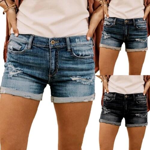 Fashion Women Button Jeans Ripped Holes Pockets Slim Denim Shorts Hot Pants
