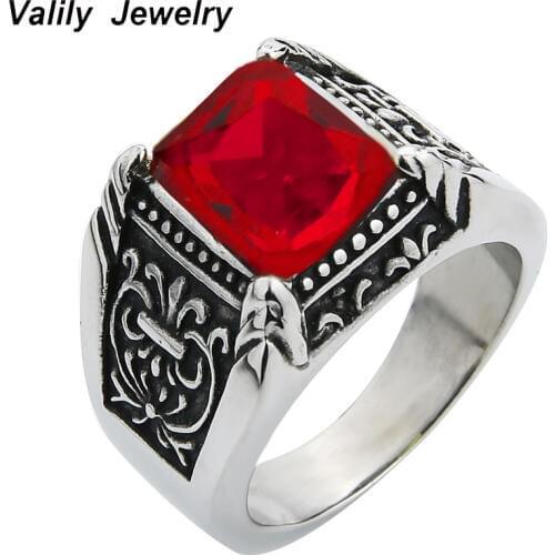 Valily Jewelry Mens Vintage Antique Silver Red CZ Ring Stainless Steel Royal Flower Wedding Party Claw Ring For Women Jewelry