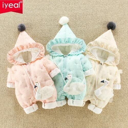 IYEAL Cute Swan Soft Velvet Infant Clothing Winter Baby Girls Rompers New Born Baby Overalls newborn Clothes Snow Jumpsuit Coats