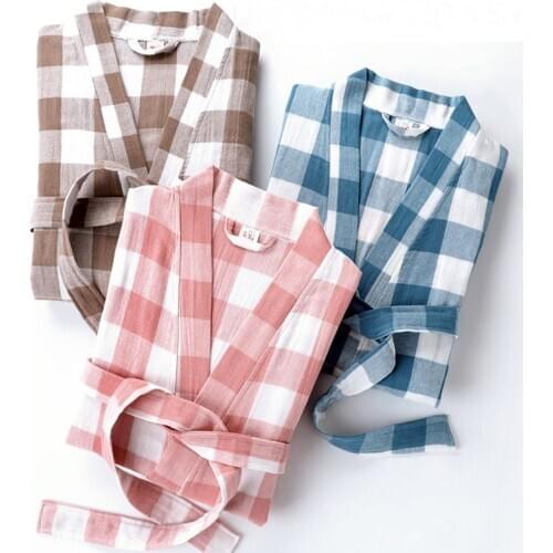 New 100% Cotton Robes Double deck Gauze Plaid Kimono Nightgown Loose Big Size Home Bathrobe Dressing Gown Robes Summer Autumn