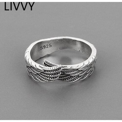 LIVVY Thai Silver Color Retro Punk Style Wings Open Ring Hip-Hop Rock Dance Party Multifunctional Adjustable Jewelry Wholesale
