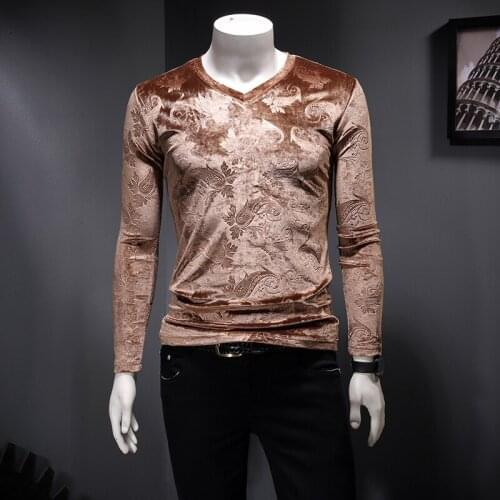 British Style Casual Top Hip Hop Social Streetwear Vintage Velvet V Lead Club Outfits Men Long Sleeve T Shirts Tee