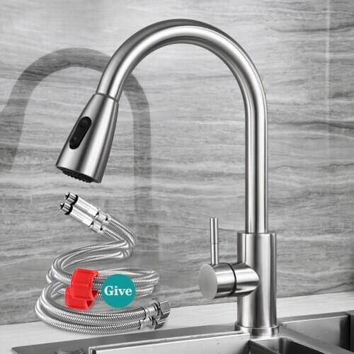 QDRR Brushed Nickel Kitchen Faucet Single Hole Pull Out Spout Kitchen Sink Mixer Tap Stream Sprayer Head Chrome/Black Mixer Tap