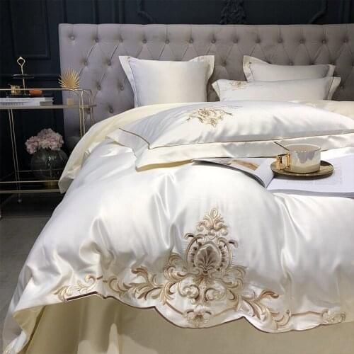 White Luxury Satin Silk Cotton Gold Embroidery Bedding Set Queen King Double Duvet Cover Set Bed Linen Pillowcases Home Textile