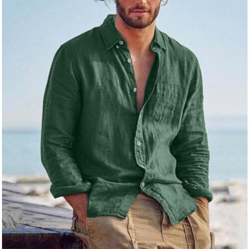 Men Shirts Button-Down Collar Single Breasted Solid Color Summer Cotton Linen Men Fashion Long Sleeve Tops for Dating