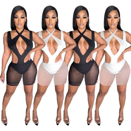 ZKYZWX Sexy Mesh Sheer Two Piece Set Hollow Out Bodysuit Biker Shorts Summer Vacation Outfits for Women Night Club Matching Sets