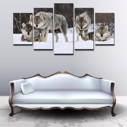 Modern Canvas Painting Modular Poster 5 Panel Wall Art Wolf Pack Snow Home Decor For Living Room Printed Animal Pictures Artwork