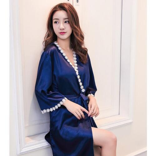 Thoshine Brand Spring Summer Autumn China Satin Silk Women Robe Sets of Bathrobe & Nightgown Lace Patchwork Female Sleepwear