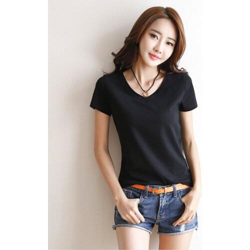 Short Sleeve T-shirt Women V-Neck / Round Neck Solid Color Tees Black / White Simple Women T Shirt Casual Tees Tops 2021 Summer
