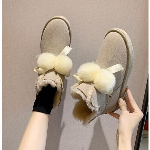 Winter Women Short Boots Pom-pom Style Ankle Snow Boots Shoes for Girls Sheepskin Suede Leather Shearling Wool Fur Lined U11-30