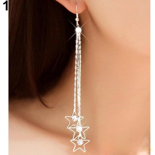 Women Girls Rhinestone Crystal Party Wedding Pentacle Drop 3 Layers Chain Tassels Linear Dangle Long Earrings