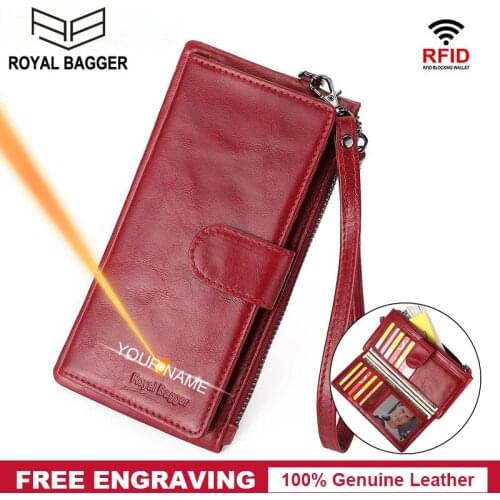 Royal Bagger Classic Women Long Wallet Real Genuine Cow Leather Clutch Purse RFID Block Ladies Phone Pocket Purses Wallets Retro