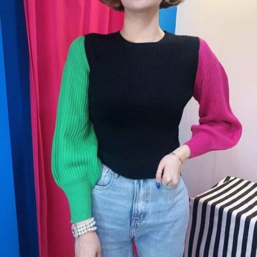 New Autumn Winter Fashion O Neck Pullover Women High Elasticity Knitted Lantern Sleeve Slim Color Contrast Sweater