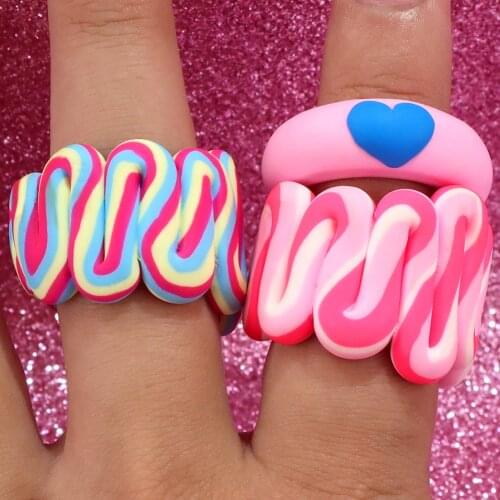 Fashion Y2K New Rainbow Flowers Handmade Ceramic Clay Rings For Women Cute Candy Color Chunky Ring Girls Birthday Party Jewelry