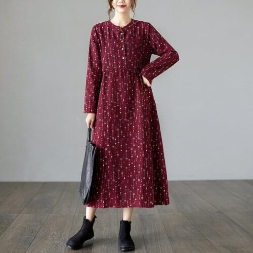 2021 New Stand Collar Fashion Blouse Autumn Dress Print Floral Vintage Office Lady OL Work Dress Women Spring Casual Midi Dress