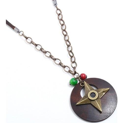 Punk Fashion Vintage Pendant Long Chain Statement Necklace Round Wood Alloy Darts Charm Leather Rope Casual Retro Women Jewelry