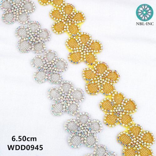 10 yards )Bridal flower gold AB crystal Rhinestone Applique Trim iron on for wedding dress rhinestone applique belt WDD0945
